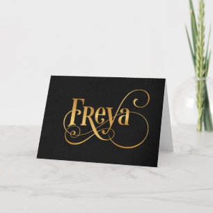 Personalized Swirly Script Freya Gold on Black Holiday Card