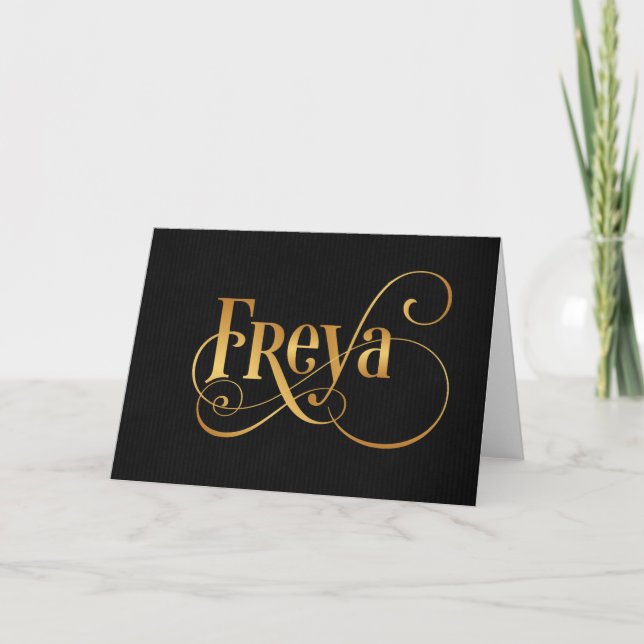 Personalized Swirly Script Freya Gold on Black Holiday Card (Front)
