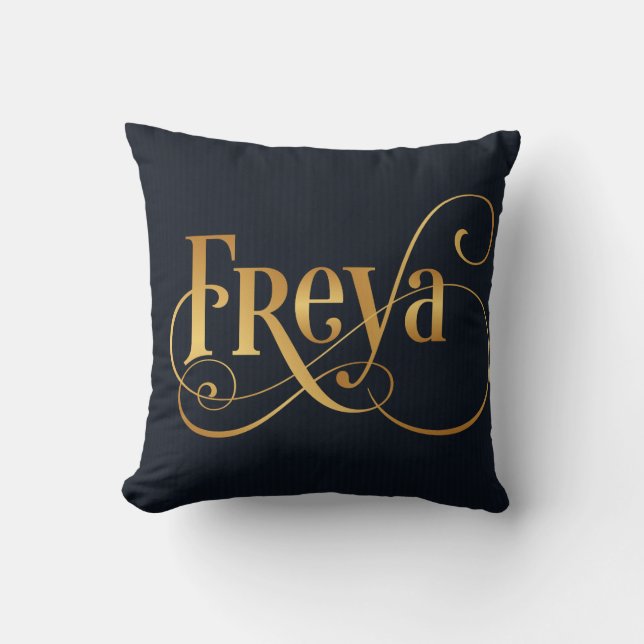 Personalized Swirly Script Freya Gold on Deep Blue Throw Pillow (Front)