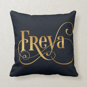 Personalized Swirly Script Freya Gold on Deep Blue Throw Pillow