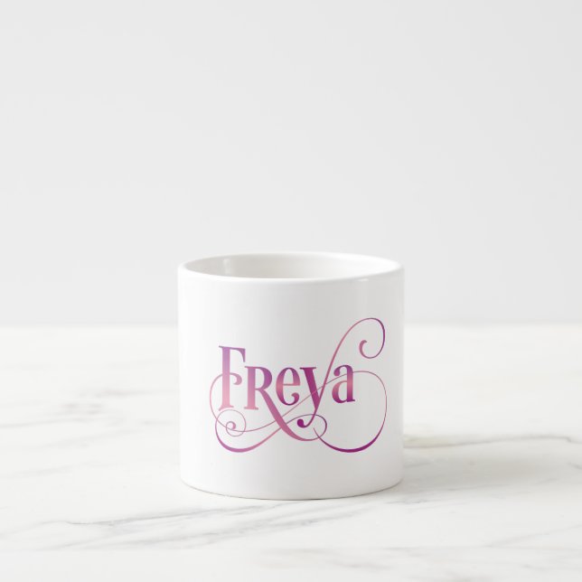 Personalized Swirly Script Freya Pink on Black Espresso Cup (Front)