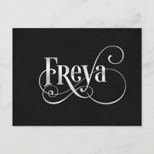 Personalized Swirly Script Freya Silver on Black Postcard