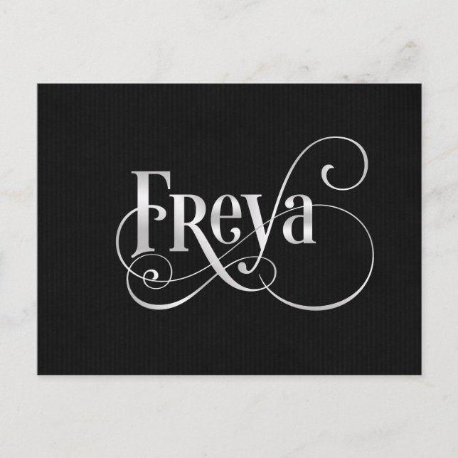 Personalized Swirly Script Freya Silver on Black Postcard (Front)