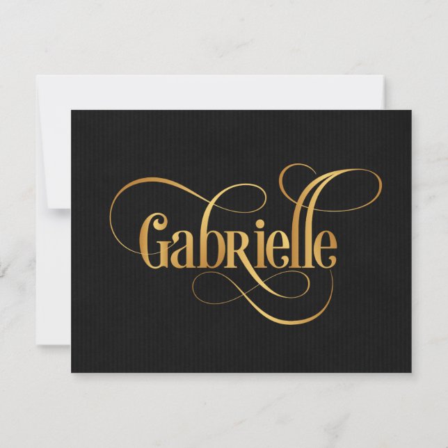 Personalized Swirly Script Gabrielle Gold on Black Invitation (Back)