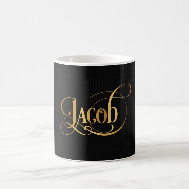 Personalized Swirly Script Jacob Gold on Black Coffee Mug (Center)
