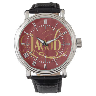 Personalized Swirly Script Jacob Gold on Red Watch