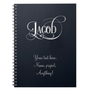 Personalized Swirly Script Jacob Silver on Indigo Notebook