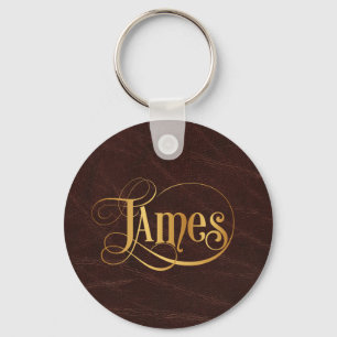 Personalized Swirly Script James Gold on Leather Keychain