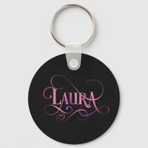 Personalized Swirly Script Laura Pink on Black Keychain