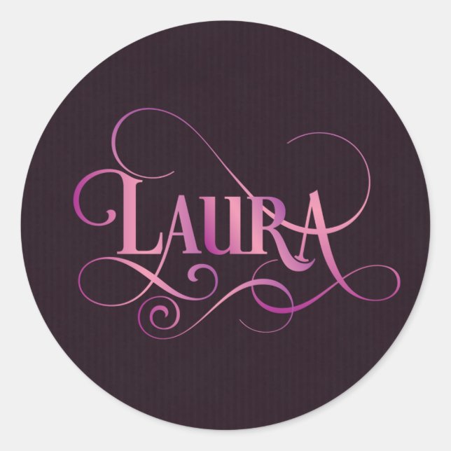 Personalized Swirly Script Laura Pink on Purple Classic Round Sticker (Front)