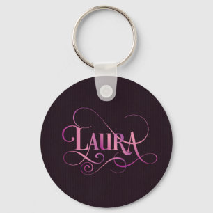 Personalized Swirly Script Laura Pink on Purple Keychain