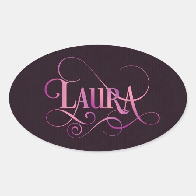 Personalized Swirly Script Laura Pink on Purple Oval Sticker (Front)
