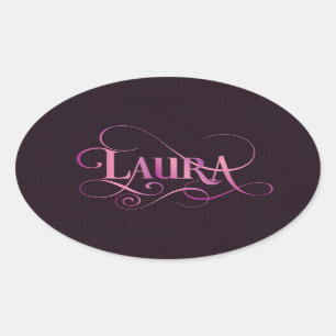 Personalized Swirly Script Laura Pink on Purple Oval Sticker