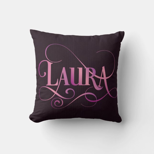 Personalized Swirly Script Laura Pink on Purple Throw Pillow (Front)