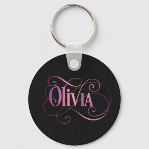 Personalized Swirly Script Olivia Pink on Black Keychain