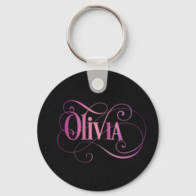 Personalized Swirly Script Olivia Pink on Black Keychain (Front)