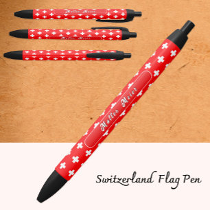 Personalized Swiss Pen, Swiss Flag, Switzerland Black Ink Pen