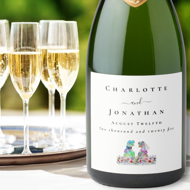 Personalized T-Rex Bride & Groom Dinosaur Wedding Sparkling Wine Label (Dinosaur themed wedding T-Rex bride and groom colorful floral  custom sparkling wine labels)