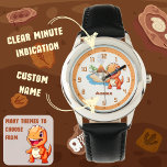 Personalized T-Rex Dino Kids Learn to Tell Time Watch<br><div class="desc">Unleash your child’s inner dinosaur fan with this personalized T-Rex kids learning to tell the time watch, designed to make learning to tell time exciting and fun! Featuring an adorable orange Tyrannosaurus Rex with a dramatic volcano backdrop, this watch is perfect for little adventurers. Equipped with minute indicators (lines for...</div>