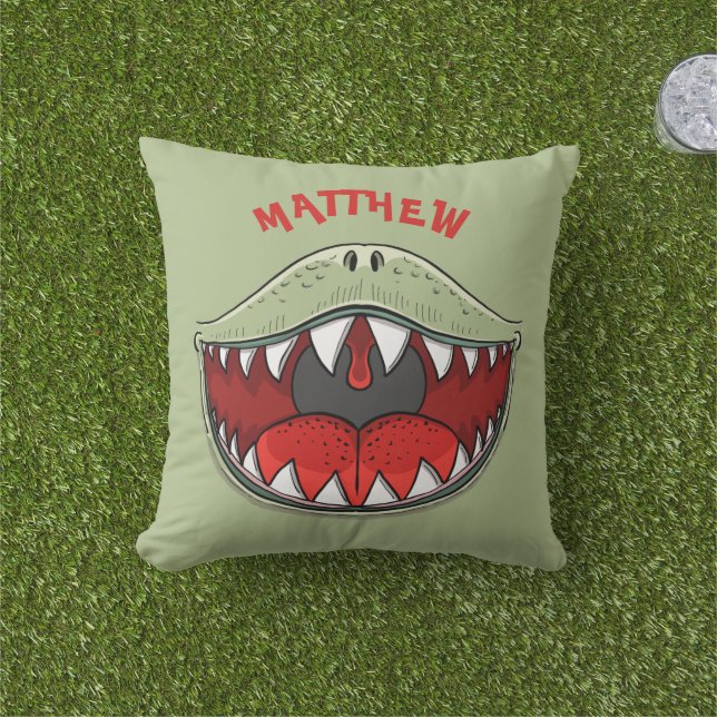 Personalized T-rex Dinosaur Mouth Green Kids Name Outdoor Pillow (Grass)