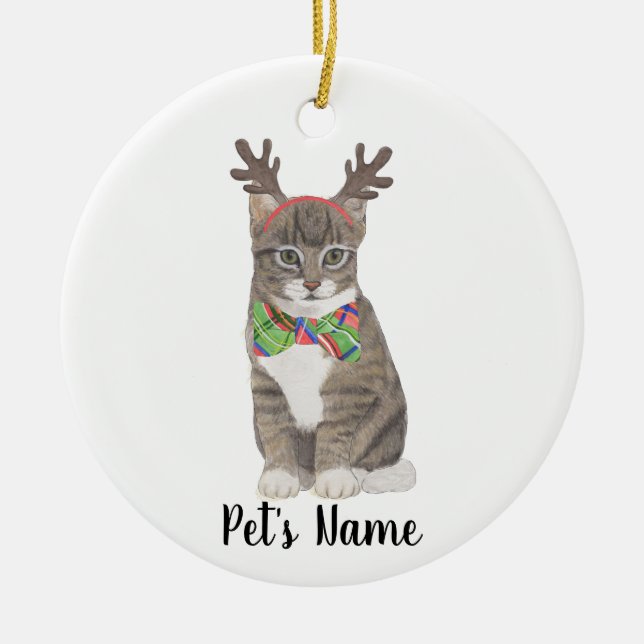 Personalized Tabby Cat (Grey) Antlers & Bow Tie Ceramic Ornament (Front)