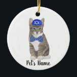Personalized Tabby Cat (Grey) Yarmulke & Bow Tie Ceramic Ornament<br><div class="desc">Make the nice list this year with an ornament of your favourite tabby cat elf! For the sweetest gifts, pair it with a matching art print or another item from my collection for a thoughtful housewarming, cat mom, bridal shower, teacher, mother-in-law, husband, boyfriend, secret santa, sympathy, or tough-to-shop-for gift! To...</div>