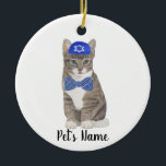 Personalized Tabby Cat (Grey) Yarmulke & Bow Tie Ceramic Ornament<br><div class="desc">Make the nice list this year with an ornament of your favourite tabby cat elf! For the sweetest gifts, pair it with a matching art print or another item from my collection for a thoughtful housewarming, cat mom, bridal shower, teacher, mother-in-law, husband, boyfriend, secret santa, sympathy, or tough-to-shop-for gift! To...</div>