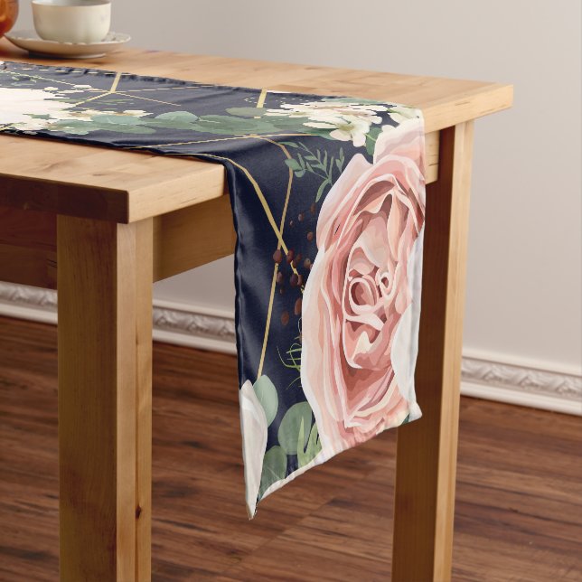 Personalized Table Runner Geometric Garden Navy (In Situ)