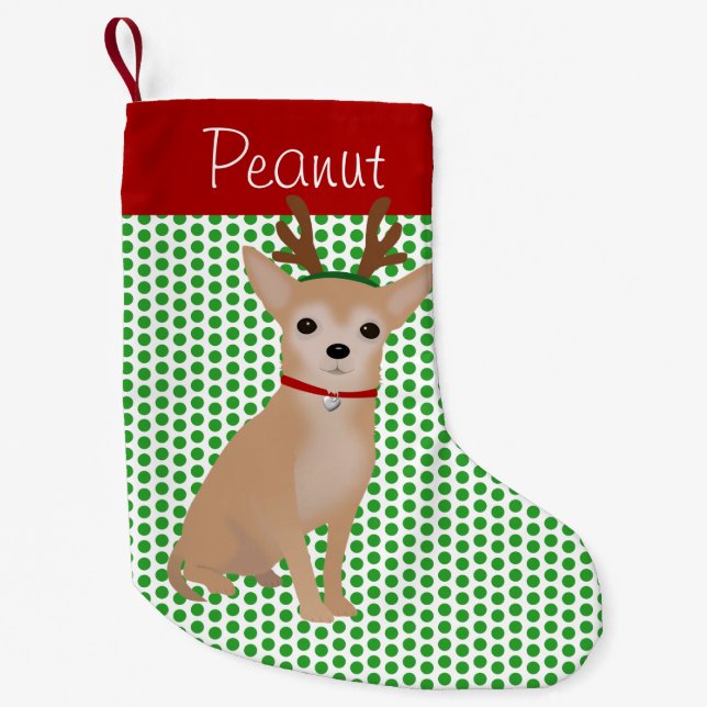 Personalized Tan Chihuahua and Green Polka Dots Small Christmas Stocking (Front)