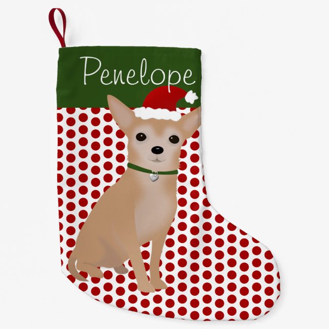 Personalized Tan Chihuahua and Green Polka Dots Small Christmas Stocking (Front)