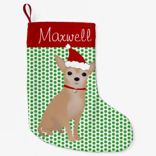 Personalized Tan Chihuahua and Green Polka Dots Small Christmas Stocking