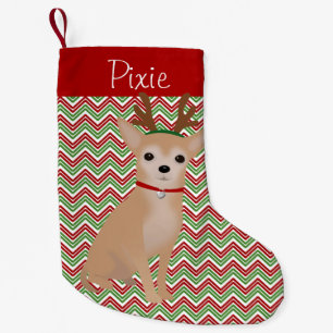 Personalized Tan Chihuahua, Red & Green Chevrons Small Christmas Stocking
