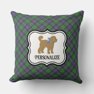 Personalized Tan Doodle Dog Blue Plaid Throw Pillow
