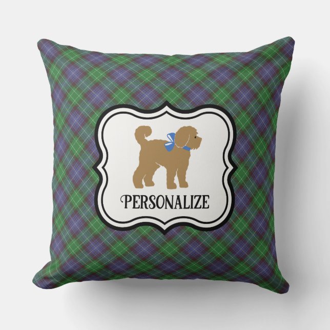 Personalized Tan Doodle Dog Blue Plaid  Throw Pillow (Front)