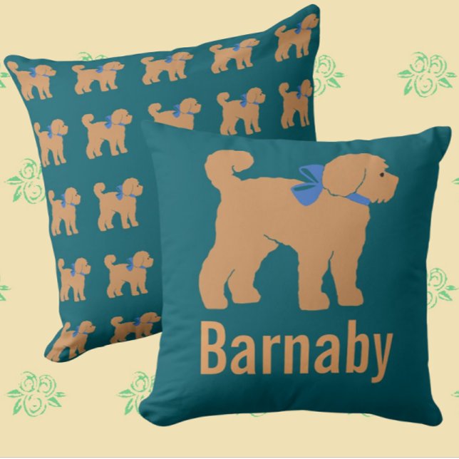 Personalized Tan Doodle Dog Dark Blue Green Pillow (For your special fur baby!)