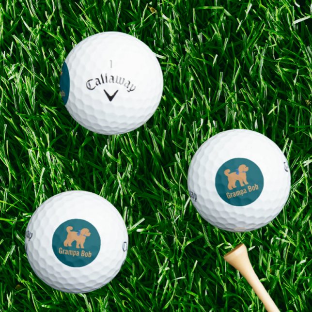 Personalized Tan Doodle Dog on Dark Blue Green Golf Balls (Personalized golf balls!)