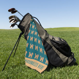 Personalized Tan Doodle Dog on Dark Blue Green Golf Towel