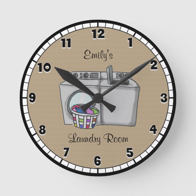 Personalized Tan Laundry Room Round Clock (Front)