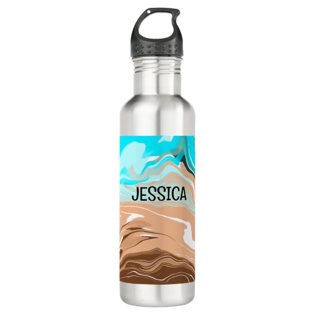 Personalized Tan to Blue Ombre Fluid Art 710 Ml Water Bottle (Front)