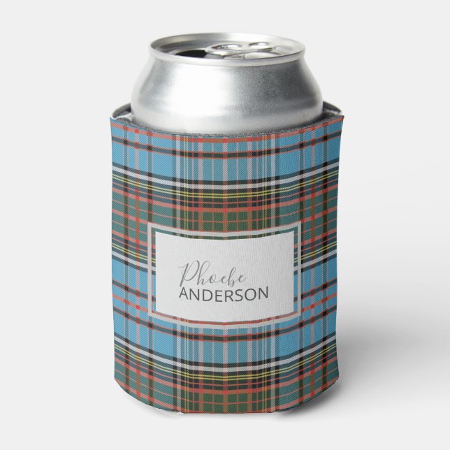 Personalized Tartan Clan Anderson Plaid Light Blue Can Cooler (Can Front)