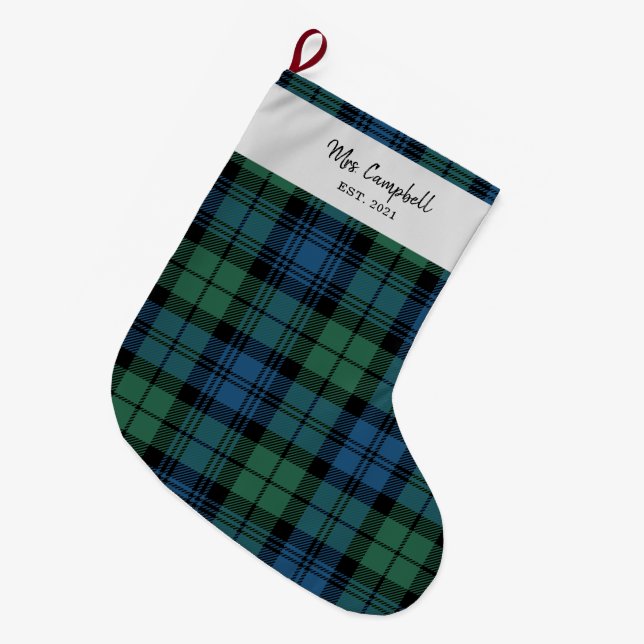 Personalized Tartan Clan Campbell Plaid Family Large Christmas Stocking (Front (Hanging))