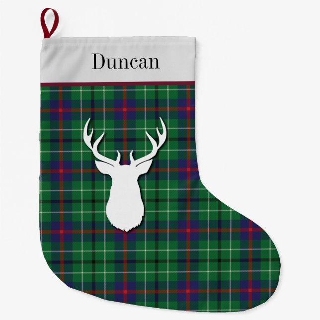 Personalized Tartan Clan Duncan Green Purple Large Christmas Stocking (Front)