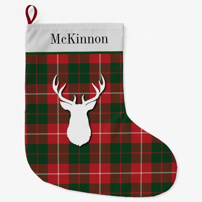 Personalized Tartan Clan McKinnon Green Red Plaid Large Christmas Stocking (Front)