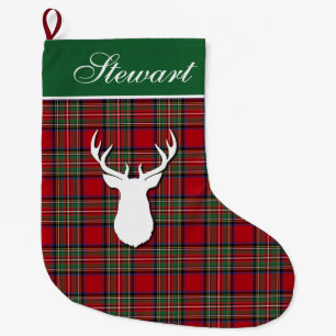 Personalized Tartan Deer Plaid Stewart Large Christmas Stocking