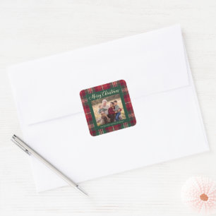 Personalized Tartan Plaid Christmas Photo Square Sticker