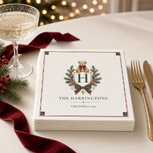 Personalized Tartan Teddy Bear Crest Christmas  Napkin