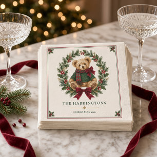 Personalized Tartan Teddy Bear Crest Christmas  Napkin