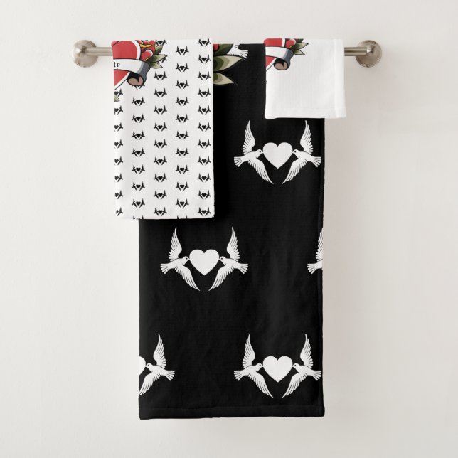 Personalized Tattoo Love Birds Heart Bath Towel Set (Insitu)