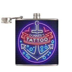 Personalized Tattoo Shop Nautical Neon Sign Style Hip Flask