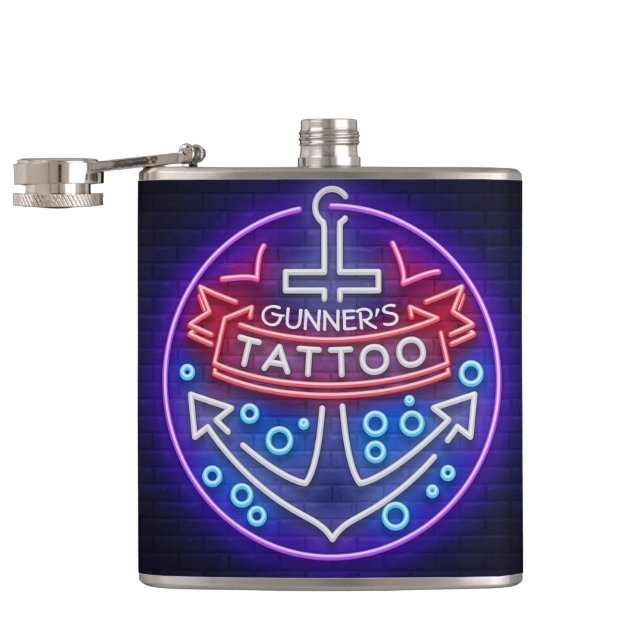 Personalized Tattoo Shop Nautical Neon Sign Style Hip Flask (Opened)